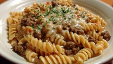 Beef and Rotini in Garlic Parmesan Sauce