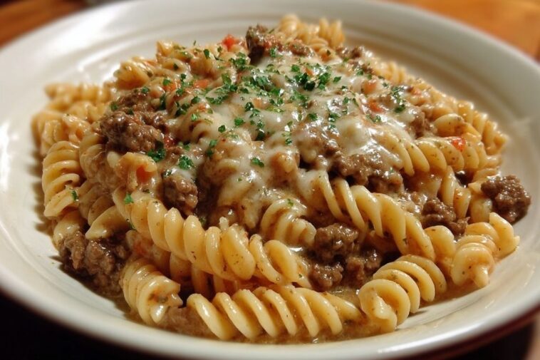 Beef and Rotini in Garlic Parmesan Sauce
