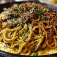 Cajun Beef Spaghetti in Creamy Three-Cheese Parmesan Sauce