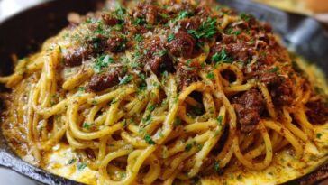 Cajun Beef Spaghetti in Creamy Three-Cheese Parmesan Sauce