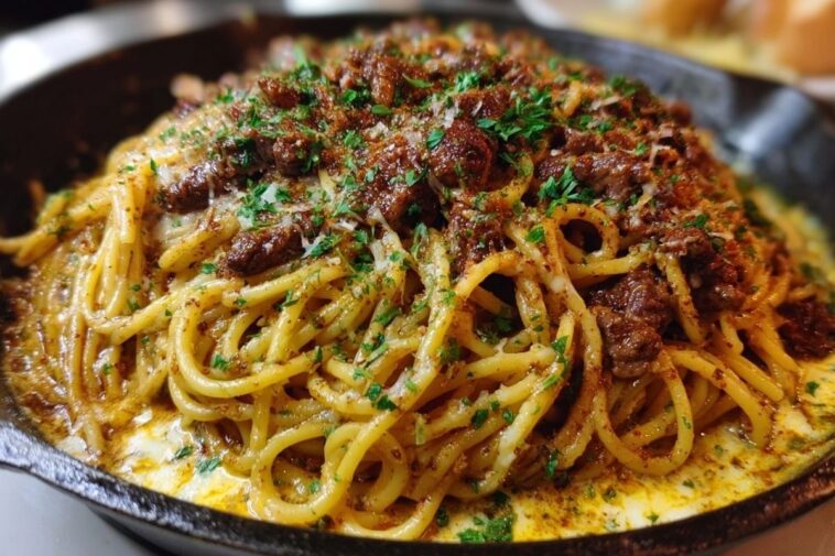 Cajun Beef Spaghetti in Creamy Three-Cheese Parmesan Sauce