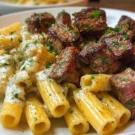 Cheesy Garlic Butter Steak with Rigatoni in Four-Cheese Sauce