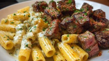 Cheesy Garlic Butter Steak with Rigatoni in Four-Cheese Sauce