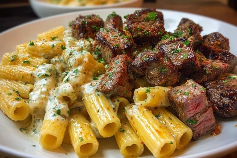 Cheesy Garlic Butter Steak with Rigatoni in Four-Cheese Sauce