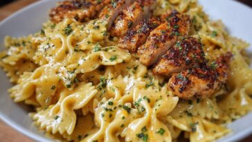 Cheesy Garlic Cajun Chicken Bowtie Pasta in Alfredo Sauce