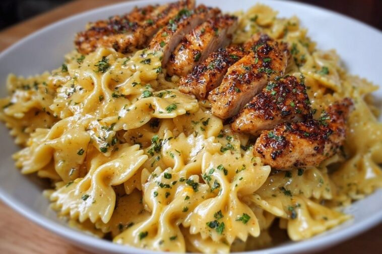 Cheesy Garlic Cajun Chicken Bowtie Pasta in Alfredo Sauce