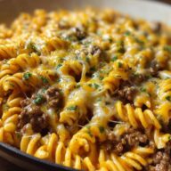 Cheesy Rotini Pasta with Garlic Butter Sauce and Ground Beef