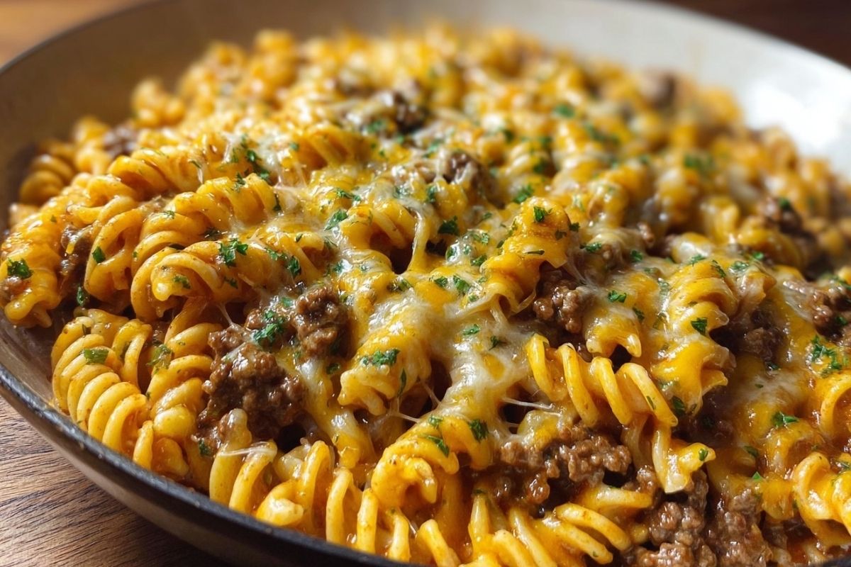 Cheesy Rotini Pasta with Garlic Butter Sauce and Ground Beef