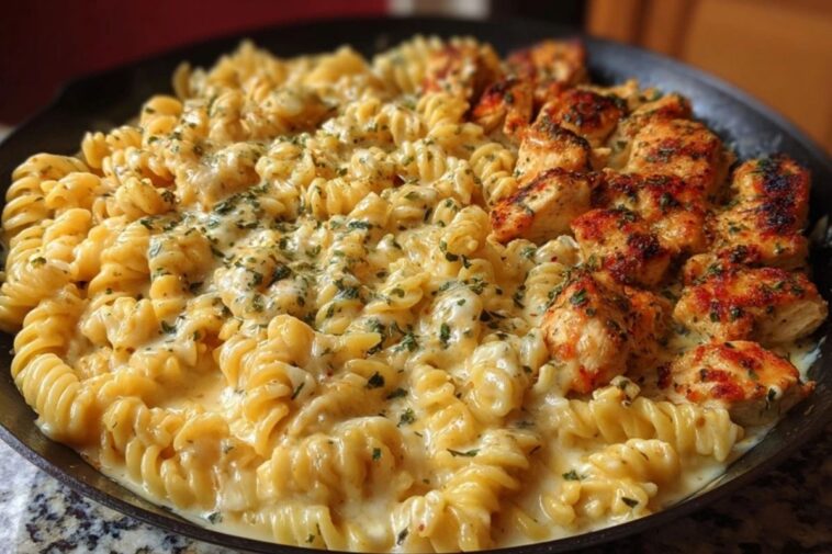 Cheesy Velveeta Chicken Twisted Pasta with Mozzarella Garlic Sauce