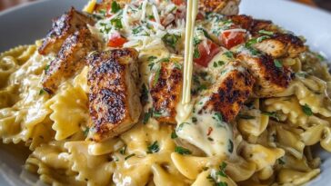 Creamy Cajun Chicken Bowtie Pasta with Garlic Cheese Sauce