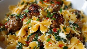 Creamy Garlic Butter Beef Bowtie Pasta with Italian Sausage & Spinach