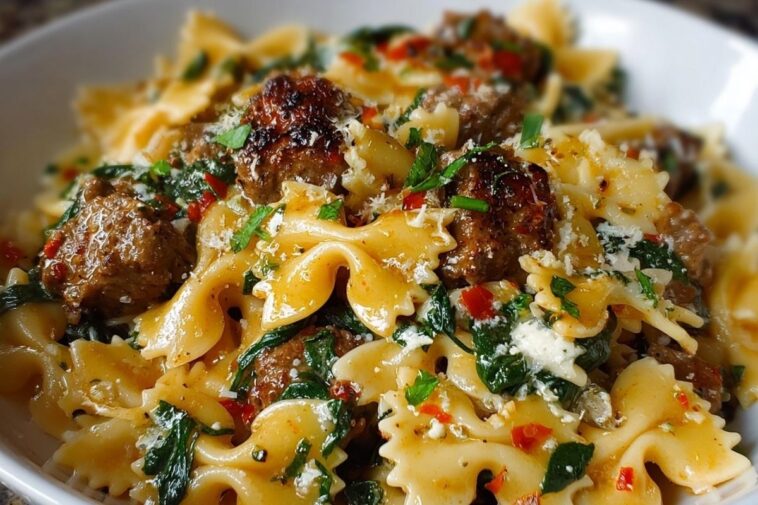 Creamy Garlic Butter Beef Bowtie Pasta with Italian Sausage & Spinach