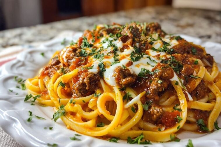 Creamy Velveeta Linguine with Italian Beef Marinara