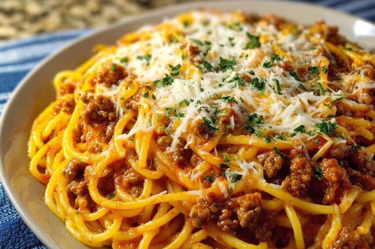 Creamy Velveeta Spaghetti with Italian Beef Marinara