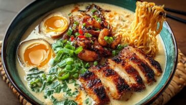 Fiery Chicken Ramen with Creamy Garlic Sauce
