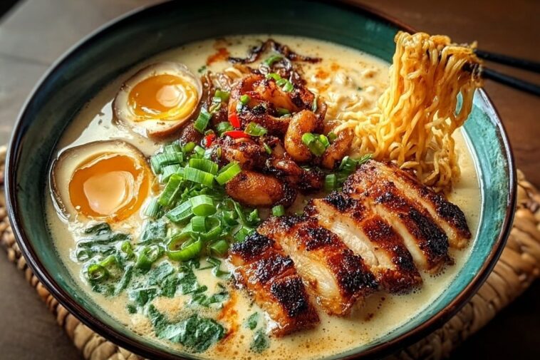 Fiery Chicken Ramen with Creamy Garlic Sauce