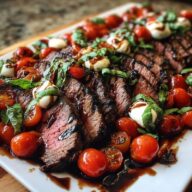 Grilled Balsamic Steak Caprese with Mozzarella, Tomatoes, and Basil