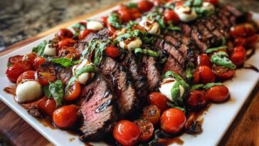 Grilled Balsamic Steak Caprese with Mozzarella, Tomatoes, and Basil