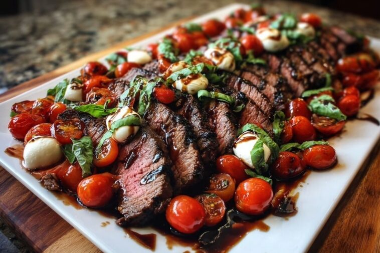 Grilled Balsamic Steak Caprese with Mozzarella, Tomatoes, and Basil