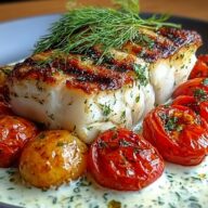 Grilled Cod with Roasted Tomatoes & Creamy Dill Sauce