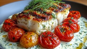Grilled Cod with Roasted Tomatoes & Creamy Dill Sauce