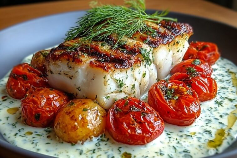 Grilled Cod with Roasted Tomatoes & Creamy Dill Sauce