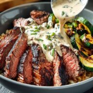 Grilled Steak Bowl with Creamy Sauce & Grilled Zucchini
