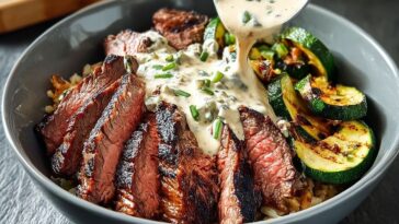 Grilled Steak Bowl with Creamy Sauce & Grilled Zucchini