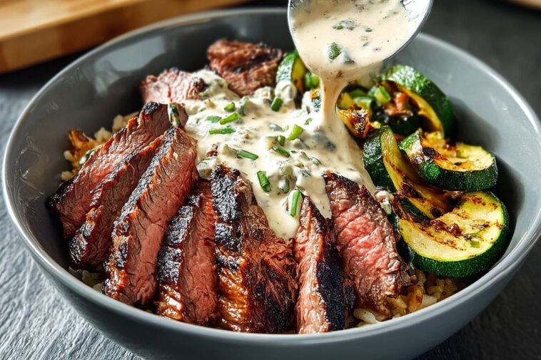 Grilled Steak Bowl with Creamy Sauce & Grilled Zucchini