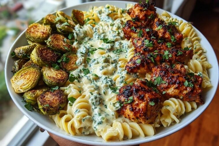 Hot Honey Cajun Chicken Alfredo with Basil Feta Swirl & Crispy Brussels Chips