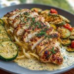 Lemon Dill Chicken Alfredo with Roasted Red Pepper Whipped Feta & Crispy Parmesan Zucchini