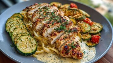 Lemon Dill Chicken Alfredo with Roasted Red Pepper Whipped Feta & Crispy Parmesan Zucchini