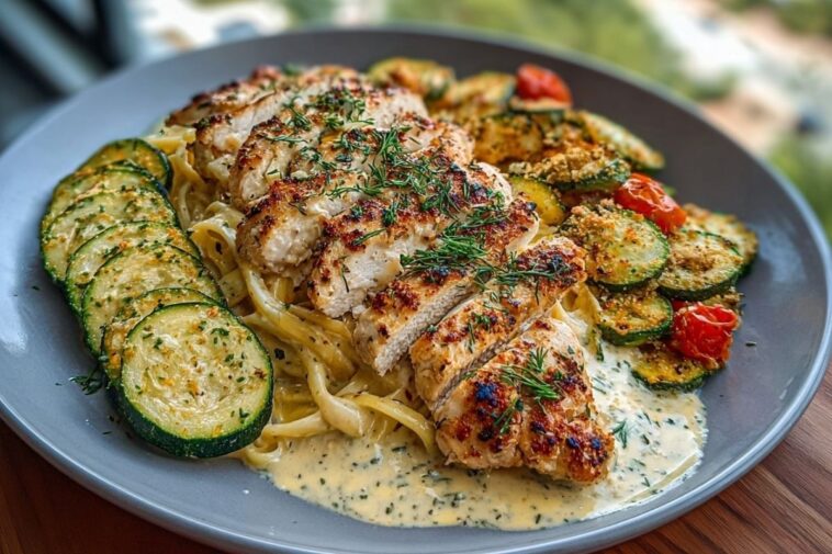 Lemon Dill Chicken Alfredo with Roasted Red Pepper Whipped Feta & Crispy Parmesan Zucchini