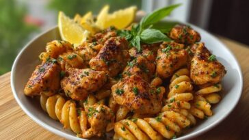 Lemon Pepper Chicken Bites & Roasted Red Pepper Cajun Alfredo Twists