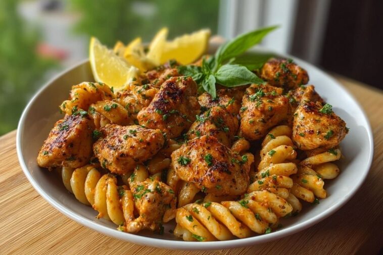 Lemon Pepper Chicken Bites & Roasted Red Pepper Cajun Alfredo Twists