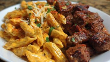 Penne with Creamy Velveeta Four-Cheese and Cajun Beef Bites