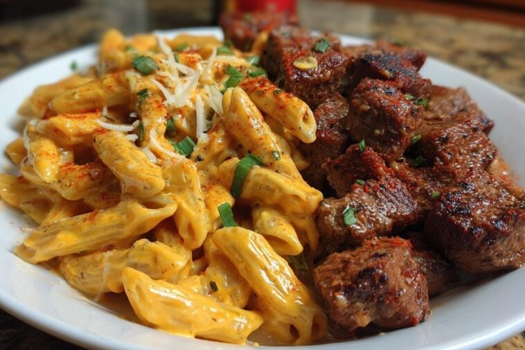 Penne with Creamy Velveeta Four-Cheese and Cajun Beef Bites