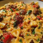 Spicy Cajun Bowtie Pasta with Beef, Sausage & Creamy Garlic Sauce