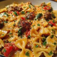 Spicy Cajun Bowtie Pasta with Beef, Sausage & Creamy Garlic Sauce
