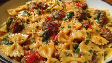 Spicy Cajun Bowtie Pasta with Beef, Sausage & Creamy Garlic Sauce