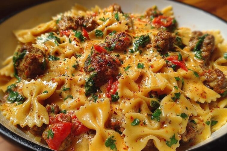 Spicy Cajun Bowtie Pasta with Beef, Sausage & Creamy Garlic Sauce