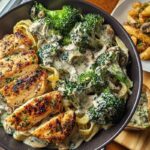 Spinach-Artichoke Greek Chicken Alfredo & Crispy Parmesan Broccoli with Mushroom Basil Cream