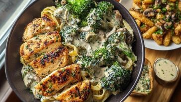 Spinach-Artichoke Greek Chicken Alfredo & Crispy Parmesan Broccoli with Mushroom Basil Cream