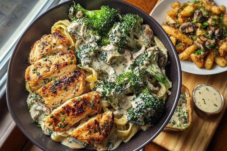 Spinach-Artichoke Greek Chicken Alfredo & Crispy Parmesan Broccoli with Mushroom Basil Cream