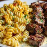 Steak Bites and Cheesy Rotini in Garlic Parmesan Sauce