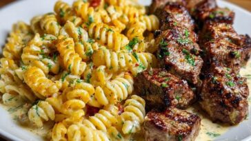 Steak Bites and Cheesy Rotini in Garlic Parmesan Sauce
