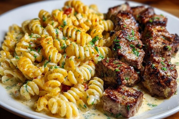 Steak Bites and Cheesy Rotini in Garlic Parmesan Sauce